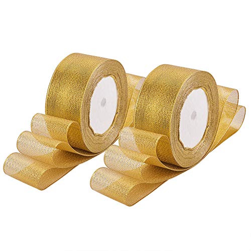 BENECREAT 114m (5 Rollos x 22m) 38mm de Ancho Brillo Superior metalico Chispa Tela Cinta para Boda, Vacaciones, Decoracion del hogar, Papel de Regalo (Oro)