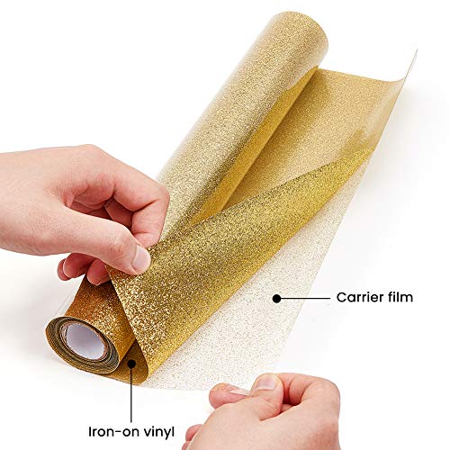 BENECREAT 2mx30cm Rollo de Vinilo de Transferencia de Calor con Purpurina para Planchar en Rollo de Vinilo para Hacer y Decorar Bolsas de Camisetas para Ropa, Color Oro