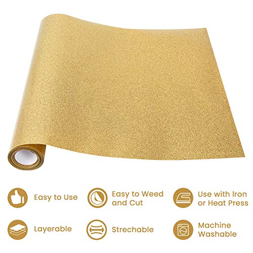 BENECREAT 2mx30cm Rollo de Vinilo de Transferencia de Calor con Purpurina para Planchar en Rollo de Vinilo para Hacer y Decorar Bolsas de Camisetas para Ropa, Color Oro