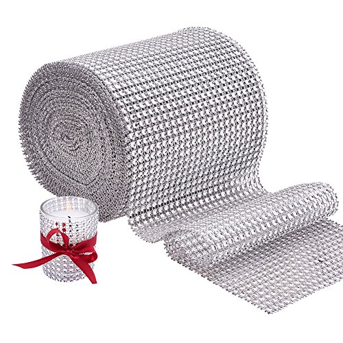 BENECREAT 9.14m Diamante espumoso Brillante Rollo de Cinta de Malla de Diamantes de Imitacion para Manualidades, Decoraciones para Eventos, Pastel de Bodas, Cumpleanos, 12cm, 24 Fila (Plata)