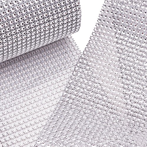 BENECREAT 9.14m Diamante espumoso Brillante Rollo de Cinta de Malla de Diamantes de Imitacion para Manualidades, Decoraciones para Eventos, Pastel de Bodas, Cumpleanos, 12cm, 24 Fila (Plata)