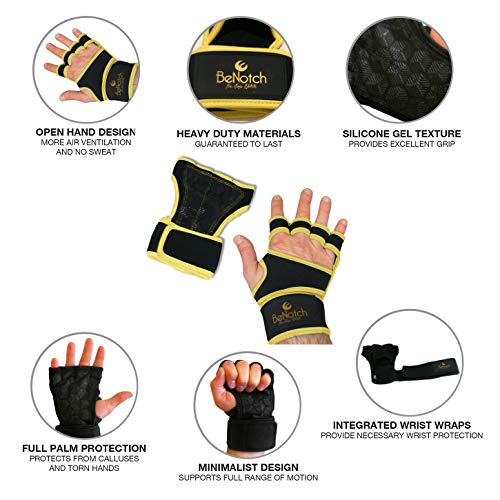 BeNotch - Guantes Hombre y Mujer de Crossfit Hombre con Muñequeras integrada, Antideslizantes Guantes Gimnasio Hombre Para Calistenia, Para Levantamiento de Pesas, Fitness, Color Negro, Talla S-XL