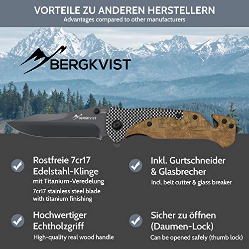 BERGKVIST® Navaja de Bolsillo 3-en-1 K39 Waldholz Navaja Plegable Afilada y Cuchillo de Caza I Navajas de albacete con Piedra de afilar y Funda para cinturón