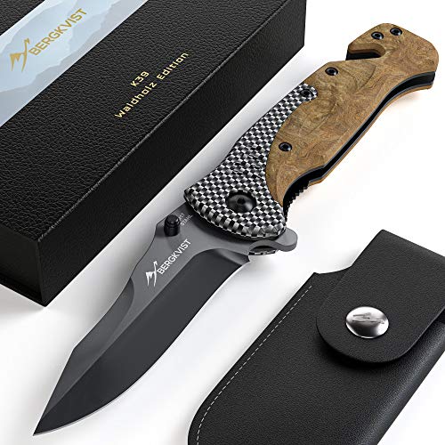 BERGKVIST® Navaja de Bolsillo 3-en-1 K39 Waldholz Navaja Plegable Afilada y Cuchillo de Caza I Navajas de albacete con Piedra de afilar y Funda para cinturón