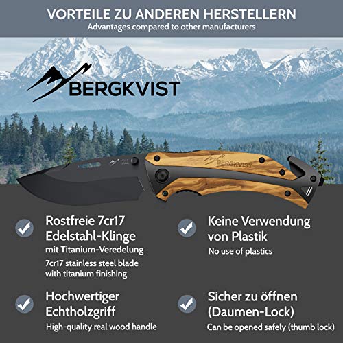 BERGKVIST® navaja de bolsillo K29 Titanium 3-en-1 navaja plegable I navajas de albacete con mango de madera I Cuchillo de caza con funda & afilador