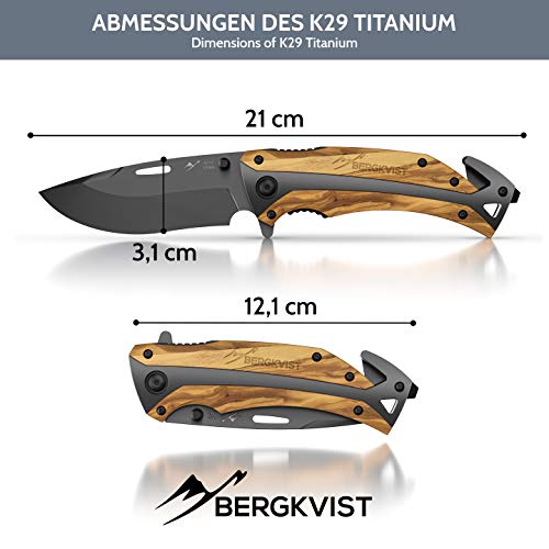 BERGKVIST® navaja de bolsillo K29 Titanium 3-en-1 navaja plegable I navajas de albacete con mango de madera I Cuchillo de caza con funda & afilador