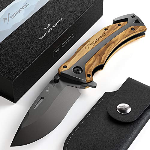 BERGKVIST® navaja de bolsillo K29 Titanium 3-en-1 navaja plegable I navajas de albacete con mango de madera I Cuchillo de caza con funda & afilador