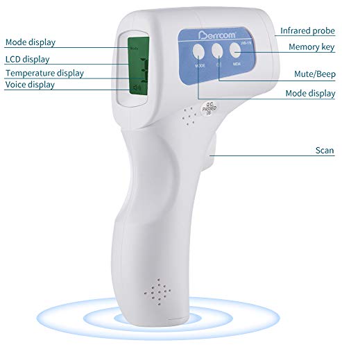 Berrcom termómetro de frente infrarrojo sin contacto, pantalla digital retroiluminada de tres colores Temperatura de lectura instantánea de bebés