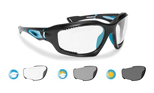 BERTONI Gafas Deportivas Fotocromaticas Anti-Vaho para Deporte Extremos Ciclismo Carrera Esqui MTB Running - Ventilación Directa - Lentes Cat. 0 > 3 (Negro Mate/Azul)