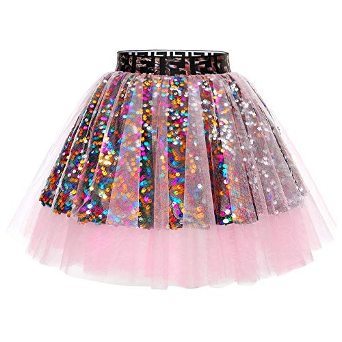 Berylove Mini Falda Mujer de Tul Tutú Ballet Lentejuelas para Fiestas Disfraces Halloween BLP9001Pink M