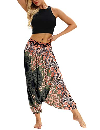 besbomig Mujeres Pantalon de Harén Casual Suelto Pierna Ancha Hippie Pantalones - Cintura Alta Bohemio Estilo Danza Yoga Pilates Pantalones