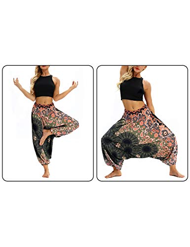 besbomig Mujeres Pantalon de Harén Casual Suelto Pierna Ancha Hippie Pantalones - Cintura Alta Bohemio Estilo Danza Yoga Pilates Pantalones