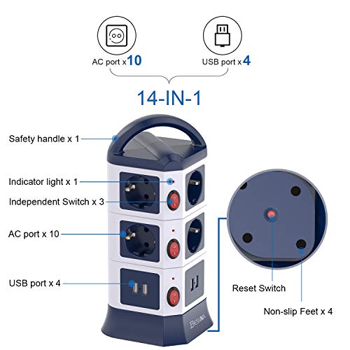 BESFAN Regleta Enchufes Vertical de 10 Tomas Corrientes y 4 Rápida USB Tomas, Alargadora Cable de 3m y Toma de Corriente con Protección y Interruptor, Tapón de Seguridad, 2500W/10A