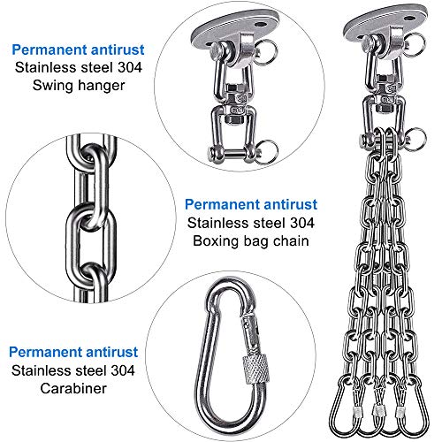 Besthouse Acero Inoxidable Cadena del Saco de Boxeo de Boxeo Capacidad 272KG, Colgadores para Columpios de Trabajo Pesado, 4 Cadenas y 4 Mosquetones, Giro de 360 °, 2 Tornillos para Juegos de Madera