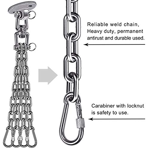 Besthouse Acero Inoxidable Cadena del Saco de Boxeo de Boxeo Capacidad 272KG, Colgadores para Columpios de Trabajo Pesado, 4 Cadenas y 4 Mosquetones, Giro de 360 °, 2 Tornillos para Juegos de Madera