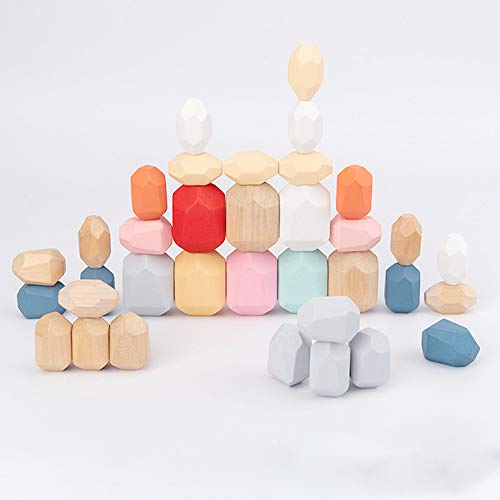 BESTINE 16pcs Bloques Equilibrio Madera, Natural Madera Piedras Equilibrio Niños Construcción Piedra Equilibrio Apilamiento Juguete Educativo para Niños