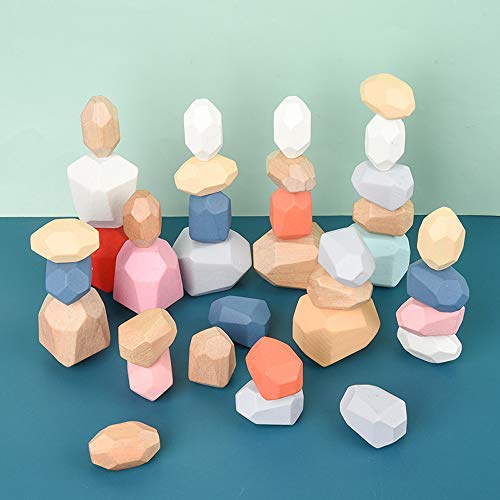 BESTINE 16pcs Bloques Equilibrio Madera, Natural Madera Piedras Equilibrio Niños Construcción Piedra Equilibrio Apilamiento Juguete Educativo para Niños