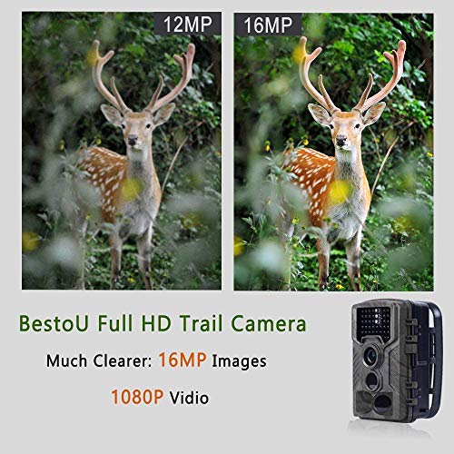 BestoU Cámara de Caza 16MP 1080P HD Nocturna para Vigilancia Trail Cámara Impermeable 46 IR Invisible 3 PIR Sensor de Movimiento（2.4" LCD ） Visión Nocturna de Caza, con 32GB Micro SD