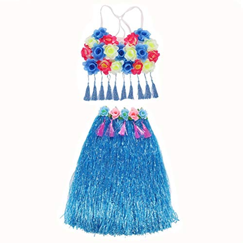 BESTOYARD Hawaii Hula Grass Falda Flor Danza Rendimiento Traje Head Loop Collar Muñequera Juego de Tela para Mujer (Azul)