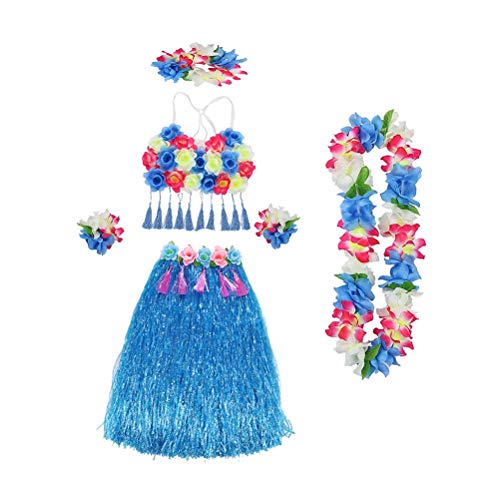 BESTOYARD Hawaii Hula Grass Falda Flor Danza Rendimiento Traje Head Loop Collar Muñequera Juego de Tela para Mujer (Azul)