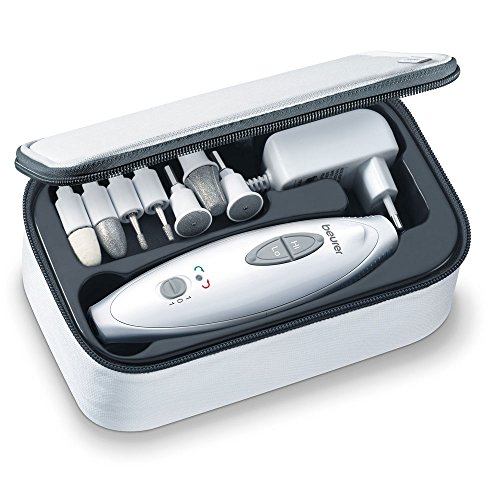 Beurer MP-41 - Set manicura y pedicura profesional, 7 accesorios incluidos, luz LED brillante, rotación hacía derecha/izquierda, 2 velocidades, color blanco