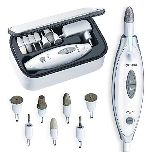 Beurer MP-41 - Set manicura y pedicura profesional, 7 accesorios incluidos, luz LED brillante, rotación hacía derecha/izquierda, 2 velocidades, color blanco