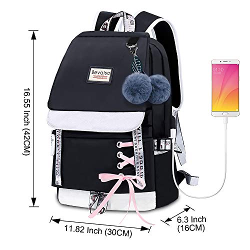 Bevalsa Mochila con Rosado Estuche de Lápices Set, Bolsa de Escuela para Niño Niña Adolescentes Chica Mujer Gran Capacidad 20L Mochila Escolar Universidad Viaje Mochilas Camping Casual Daypacks(Negro)