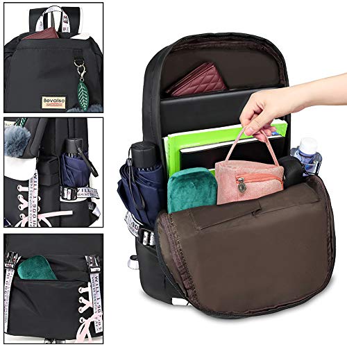 Bevalsa Mochila con Rosado Estuche de Lápices Set, Bolsa de Escuela para Niño Niña Adolescentes Chica Mujer Gran Capacidad 20L Mochila Escolar Universidad Viaje Mochilas Camping Casual Daypacks(Negro)