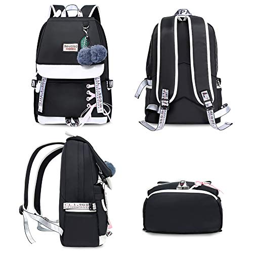 Bevalsa Mochila con Rosado Estuche de Lápices Set, Bolsa de Escuela para Niño Niña Adolescentes Chica Mujer Gran Capacidad 20L Mochila Escolar Universidad Viaje Mochilas Camping Casual Daypacks(Negro)