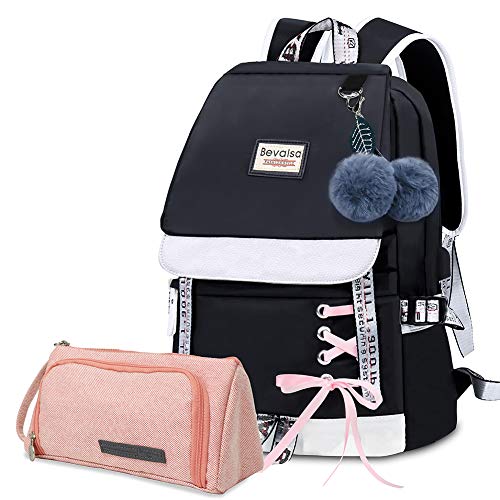 Bevalsa Mochila con Rosado Estuche de Lápices Set, Bolsa de Escuela para Niño Niña Adolescentes Chica Mujer Gran Capacidad 20L Mochila Escolar Universidad Viaje Mochilas Camping Casual Daypacks(Negro)