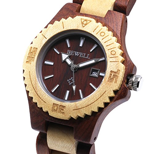 Bewell Sandalwood Reloj de Las Mujeres pequeñas Cara de Madera Pulsera Simple Reloj de Pulsera para Las Mujeres Ligero y Nightlight W020AL (Sándalo Rojo y Madera de Arce)