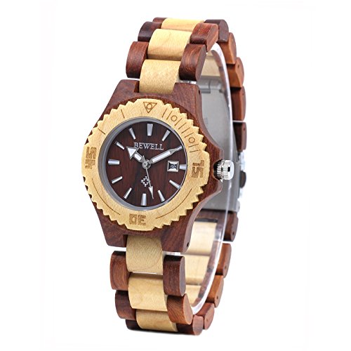 Bewell Sandalwood Reloj de Las Mujeres pequeñas Cara de Madera Pulsera Simple Reloj de Pulsera para Las Mujeres Ligero y Nightlight W020AL (Sándalo Rojo y Madera de Arce)