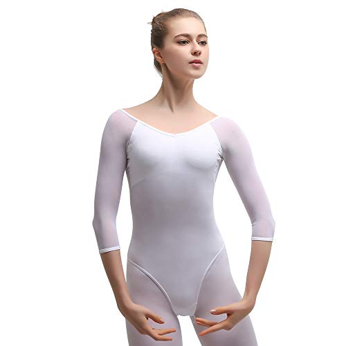 Bezioner Maillot de Danza Gimnasia Leotardo Clásico Ballet Vestido para Niñas Mujer Blanco,M=150-155 cm