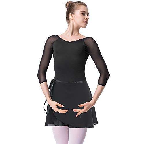 Bezioner Maillot de Danza Gimnasia Leotardo Clásico Ballet Vestido para Niñas Mujer Negro con Falda,M=150-155 cm