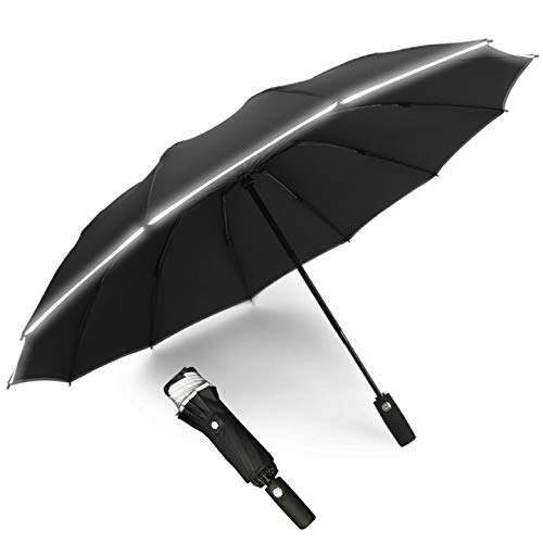 BFGTOR Paraguas Plegable automáticos, con Tira Reflectante y 12 Varillas reforzadas, Paraguas de Viaje para Mujeres y Hombres