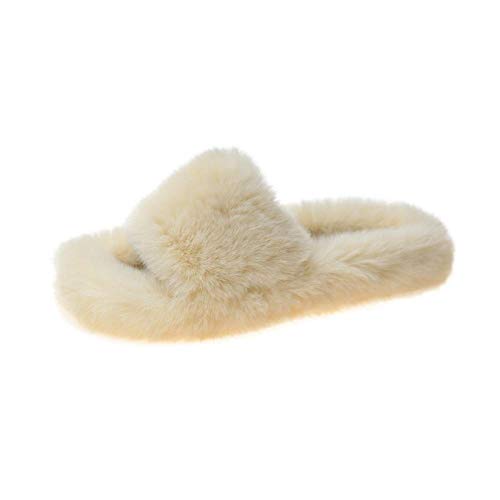 B/H Hombre Otoño Invierno Calienta Pantuflas,Zapatillas de casa peludas con Fondo Grueso, Zapatillas Exteriores de algodón Antideslizantes-Creamy-White_36