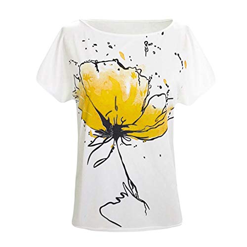 BHYDRY Camiseta de Manga Corta Suelta Camiseta de Manga Corta con Estampado Floral de Mujer(Amarillo,XX-Large)
