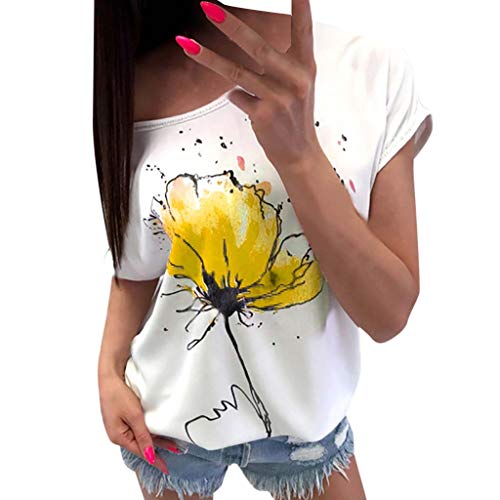 BHYDRY Camiseta de Manga Corta Suelta Camiseta de Manga Corta con Estampado Floral de Mujer(Amarillo,XX-Large)