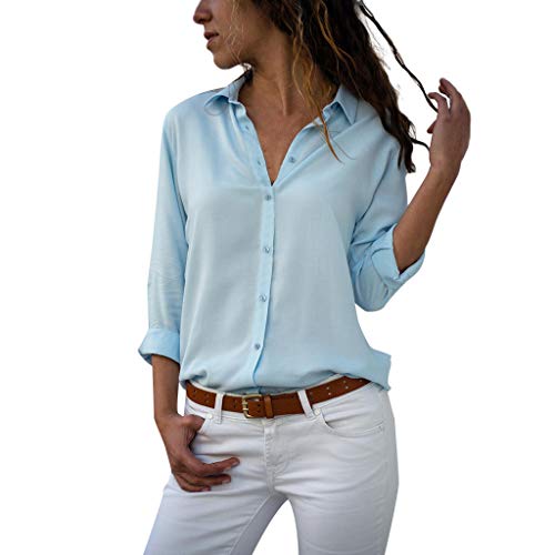 BHYDRY Moda para Mujer Camiseta de Gasa sólida Señoras de la Oficina Blusa de Manga Llana del Rollo Tops(Azul,Large) BHYDRY Moda para Mujer Camiseta de Gasa sólida Señoras de la Oficina Blusa de Manga Llana del Rollo Tops(Azul,Large)