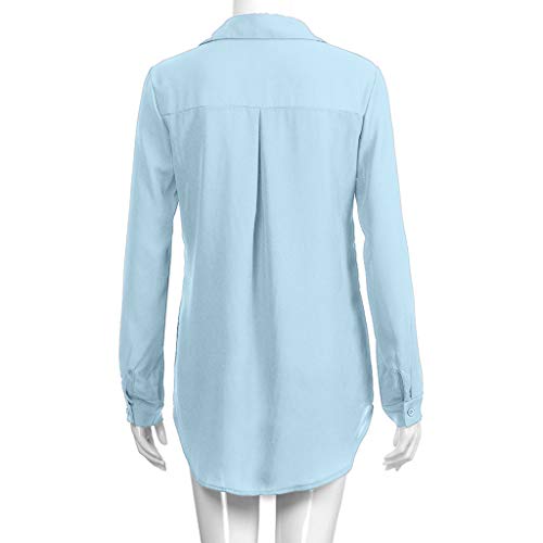 BHYDRY Moda para Mujer Camiseta de Gasa sólida Señoras de la Oficina Blusa de Manga Llana del Rollo Tops(Azul,Large)