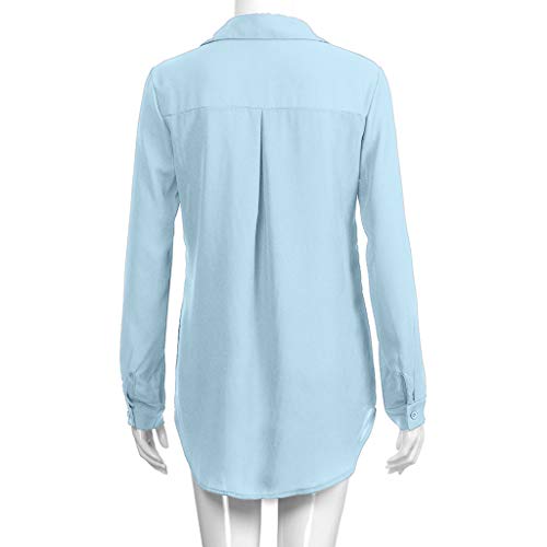 BHYDRY Moda para Mujer Camiseta de Gasa sólida Señoras de la Oficina Blusa de Manga Llana del Rollo Tops(Azul,Large) BHYDRY Moda para Mujer Camiseta de Gasa sólida Señoras de la Oficina Blusa de Manga Llana del Rollo Tops(Azul,Large)