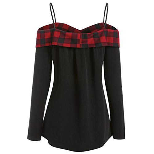 BHYDRY Mujer Talla Grande Casual Plaid Hombro frío Túnica Sling Camiseta Blusa Tops