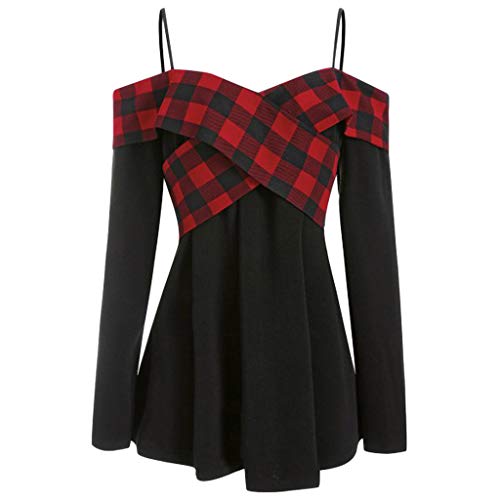 BHYDRY Mujer Talla Grande Casual Plaid Hombro frío Túnica Sling Camiseta Blusa Tops