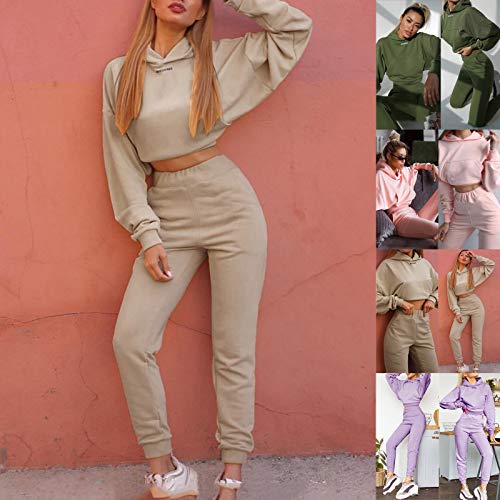 BIBOKAOKE Conjunto de ropa de mujer de manga larga, camiseta de corte ajustado, pantalones de fitness, sudadera con capucha, monocolor, traje de fitness, chándal para gimnasio, entrenamiento, yoga