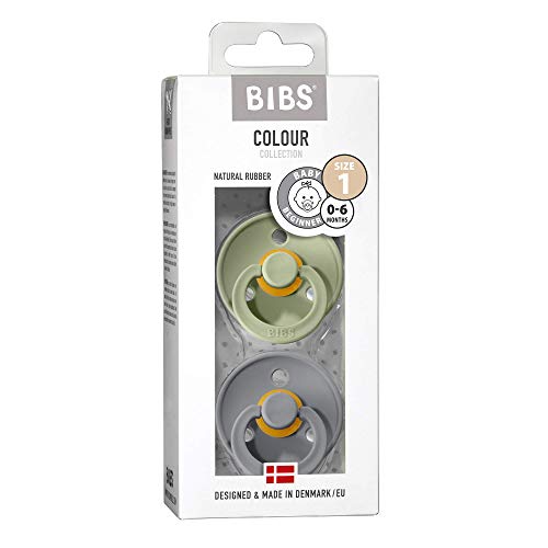 BIBS - 2 chupetes de colores, caucho natural, chupete danés con forma de cereza, salvia/nube, tamaño 1 (0-6 meses)