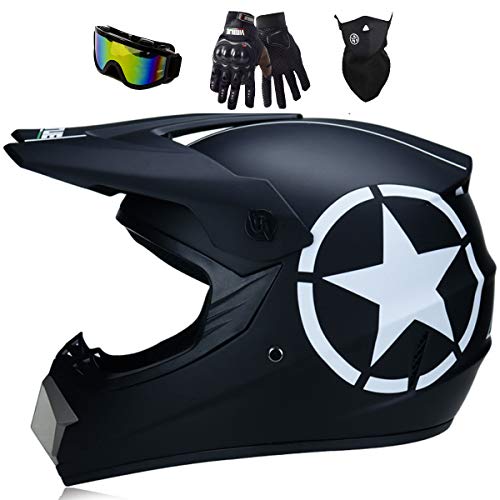 Bicicleta BMX Casco de Motocross Crash, Negra Mate, para Niños ATV Quad Casco de Go-Kart, Casco de Campo A Través Cross Integral con Gafas Guantes Máscara, para Mujer Hombre Adultos,L