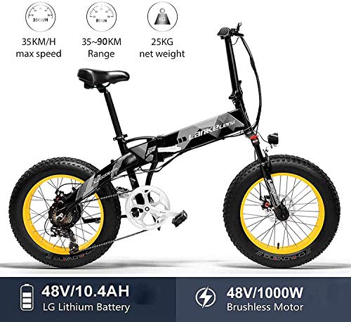 Bicicleta Eléctrica Plegable Potente 1000W/500W 35km/h Ruedas Anchas 20 x 4’’ Bateria Removible 48V 10,4AH SHIMANO 7 Velocidades Bici de Montaña/Carretera/Playa/Nieve para Adultos[EU Stock]