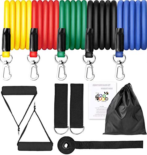 BIGFOX 11Pcs Set de Bandas de Resistencia Fitness, Cintas Elasticas Musculacion,5 Tubos de Látex, 2 Manijas, 2 Correas para Tobillos, Anclaje y Bolsa de Transporte.