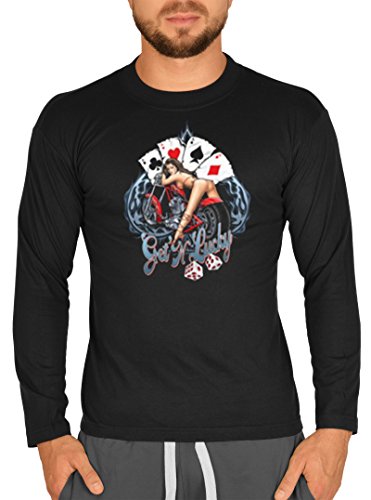 Biker Camisa – Get Lucky – Póquer with Pin Up Girl – Camiseta de manga larga para verdadera Kerle Negro negro