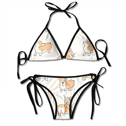 Bikini Cartoon Pet Dog Animal Doodle Pattern Bikini Set Two Piece,Triangle Padded Cut out Swimsuit for Ladies Swimming Costume
